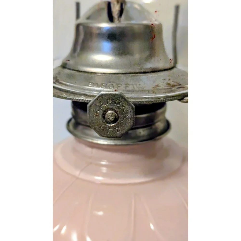 Vintage Kaadan Ltd Pink Embossed Glass Oil Lamp Kerosene Lamp w Clear Chimney
